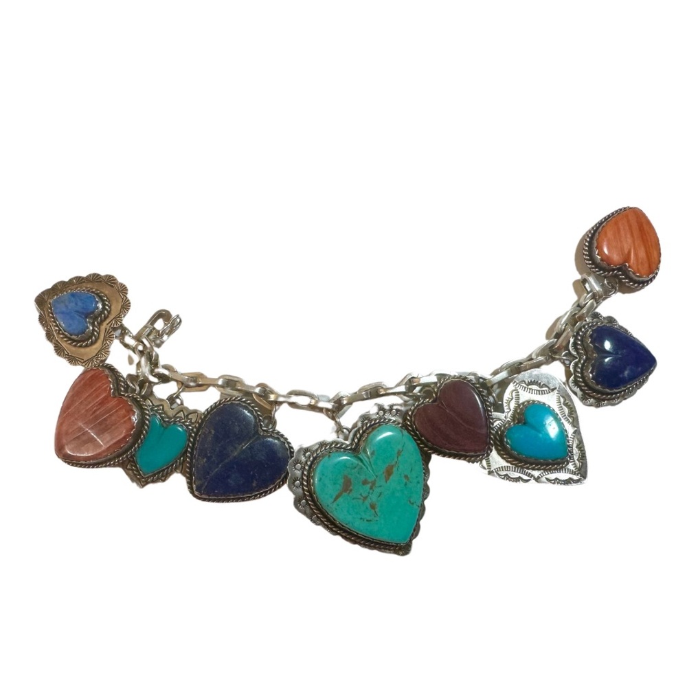 Joan Slifka Sterling Silver Reversible 9 Heart Charm Bracelet 8.0"